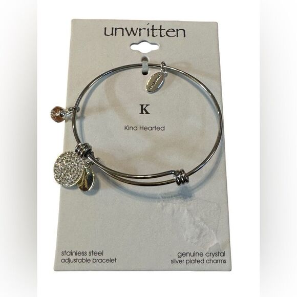 Unwritten Pave and Initial Disc Bangle Bracelet in Stainless Steel Silver Plated - Picture 2 of 3